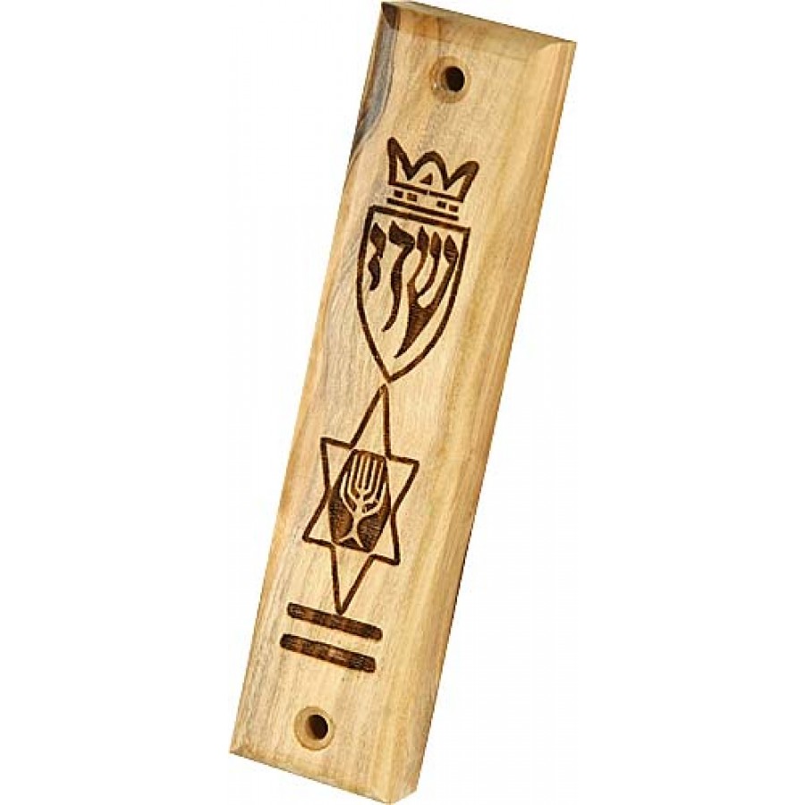 Magen David & Menorah Polished Olive Wood Mezuzah Judaica Mall