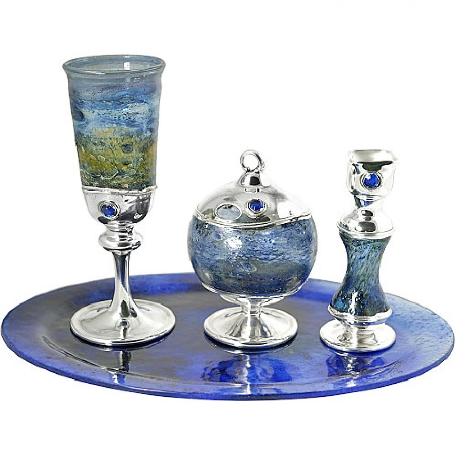 Silver & Blue Glass Havdalah Set